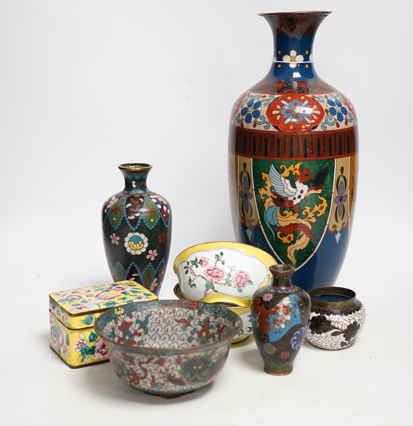 Four Japanese cloisonné enamel vases and a similar bowl and two Canton enamel bowls and similar box and cover, tallest 30cm high